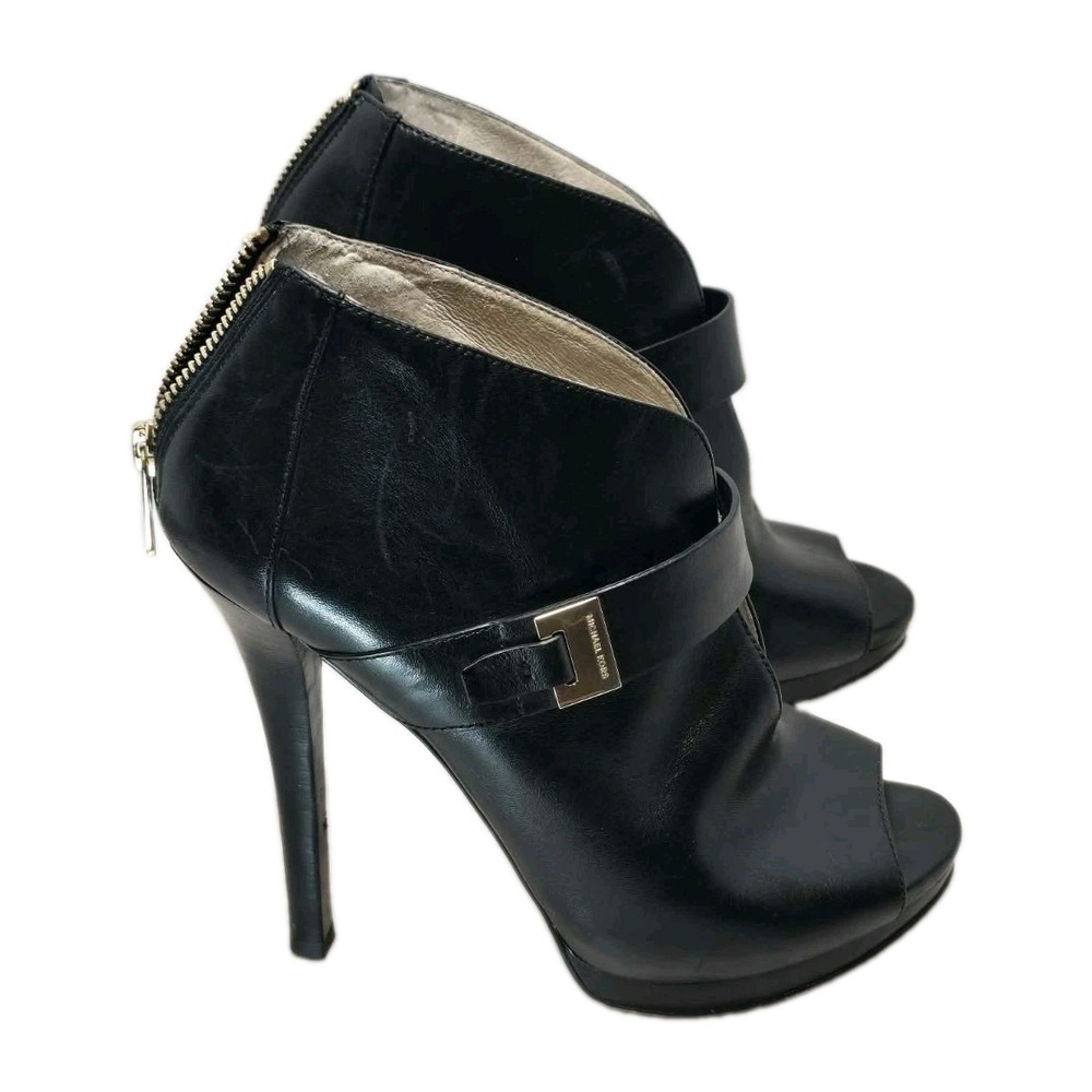 Michael Kors Guiliana Peep Toe Booties Black Leather Heels Women's 8.5M Zip